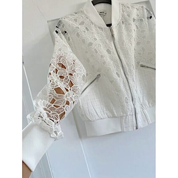 New Jason Wu Bomber Jacket White Lace Cutout Sheer Sleeves Womens XS - Picture 10 of 12